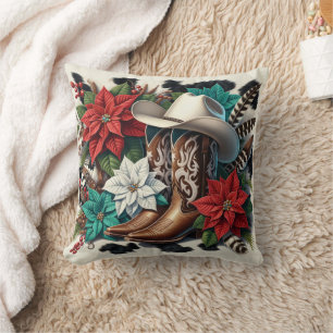 Western Cowboy Boots Floral Cow Hide Christmas Throw Pillow