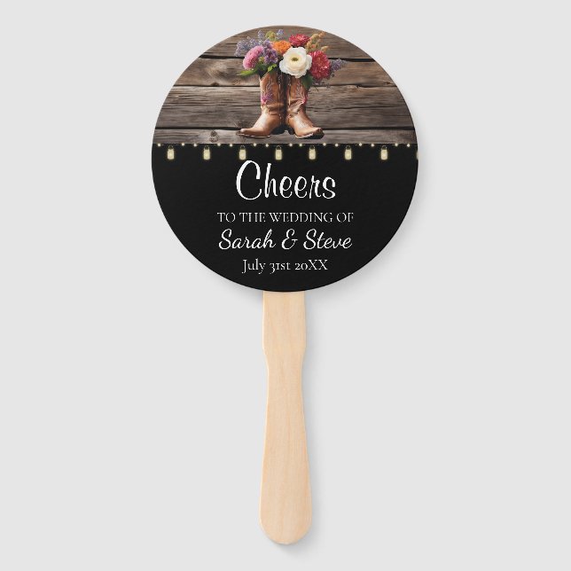 Western Cowboy Boots Floral Rustic Wedding Hand Fan (Front)