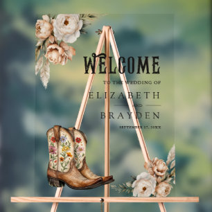 Western Cowboy Boots Floral Wedding Welcome Acrylic Sign
