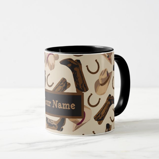 Western Cowboy Boots Hats Beige Name Personalized Mug (Front Right)