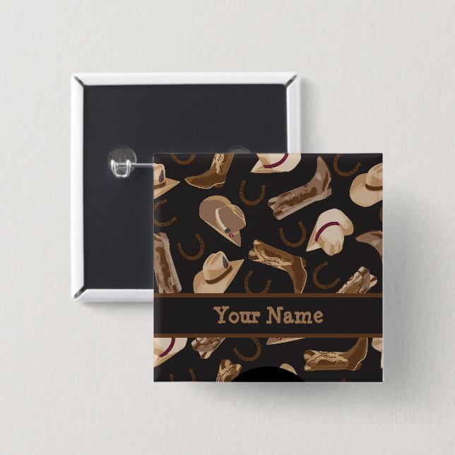 Western Cowboy Boots Hats Black Name Badge 2 Inch Square Button (Front & Back)