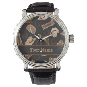 Western Cowboy Boots Hats Black Name Badge Watch