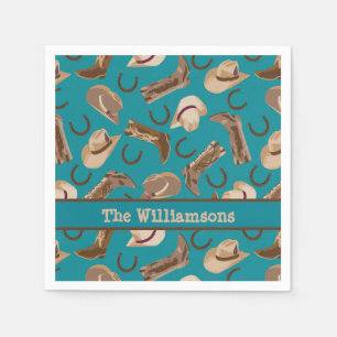 Western Cowboy Boots Hats Turquoise  Name Custom Napkin