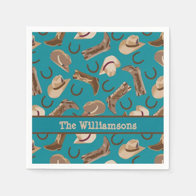 Western Cowboy Boots Hats Turquoise  Name Custom Napkin (Front)
