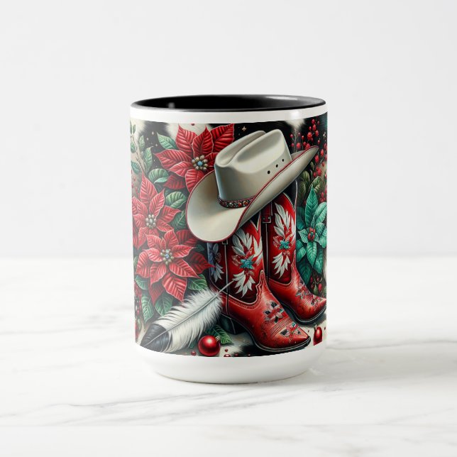 Western Cowboy Boots Holiday Floral Cow Hide Mug (Center)
