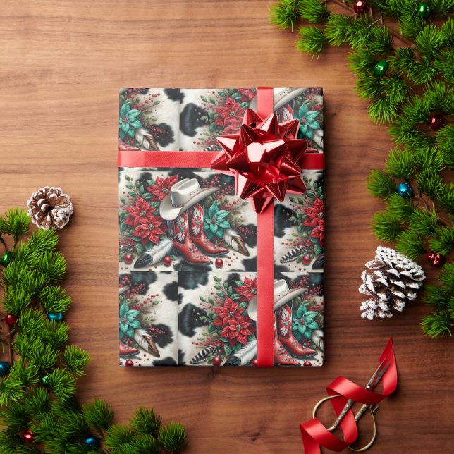 Western Cowboy Boots Holiday Floral Cow Hide  Wrapping Paper (Holiday Gift)