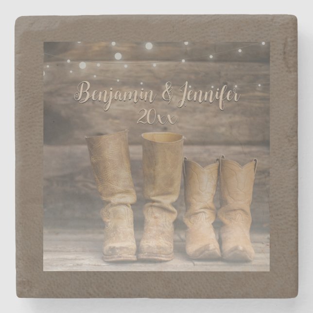 Western Cowboy Boots Rustic Barn Monogram Stone Coaster (Front)