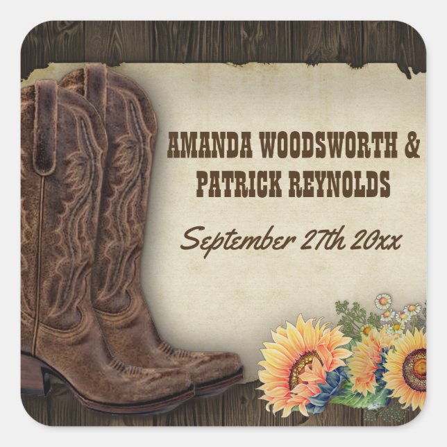 Western Cowboy Boots Sunflower Wedding Favour Square Sticker (Front)
