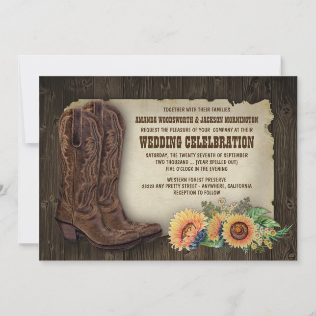 Western Cowboy Boots Sunflower Wedding Invitations (Front)