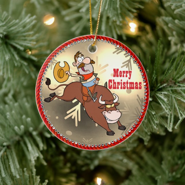Western Cowboy Cartoon Bull Rider Christmas Ceramic Ornament (Tree)
