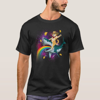 Western Cowboy Cat Riding A Shark In Taco Space Ra T-Shirt