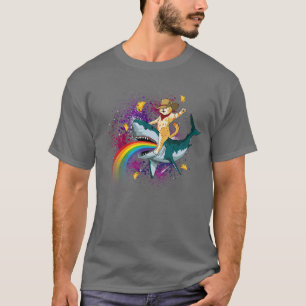 Western Cowboy Cat Riding A Shark Inaco Space Rain T-Shirt