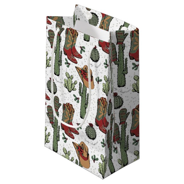 Western Cowboy Christmas Red and Green Small Gift Bag (Front Angled)
