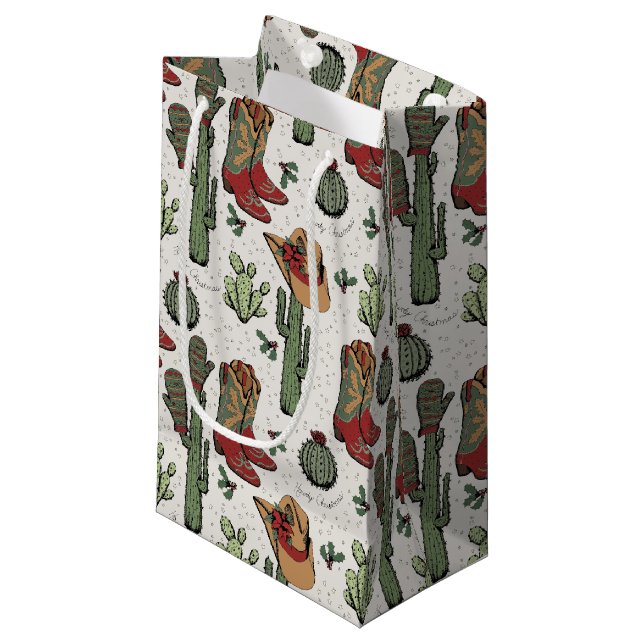 Western Cowboy Christmas Red and Green Small Gift Bag (Front Angled)