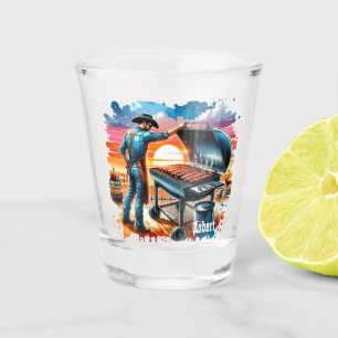 Western Cowboy Cooking on BBQ Pit Custom Shot Glass