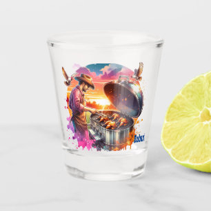 Western Cowboy Cooking on BBQ Pit Custom Shot Glass