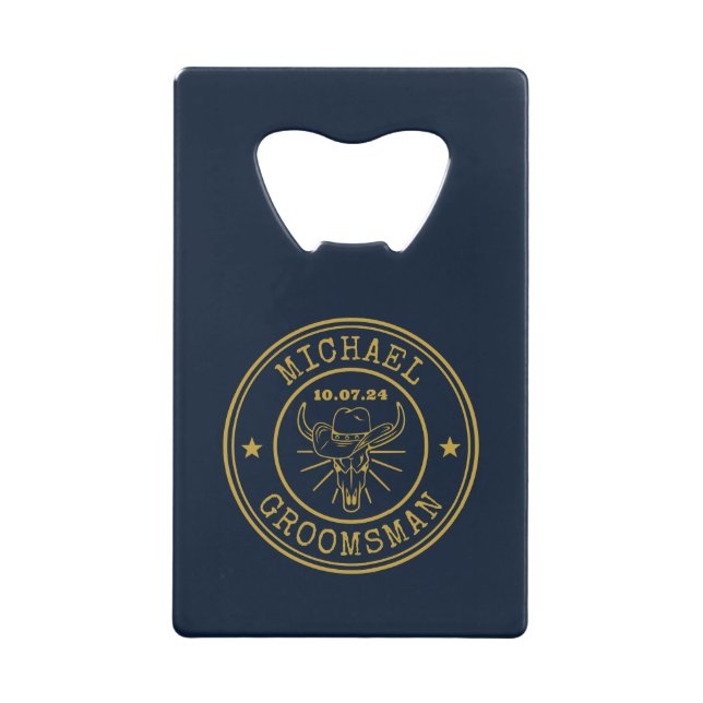 Western Cowboy Cow Skull Logo Customized Groomsmen Credit Card Bottle Opener (Front)
