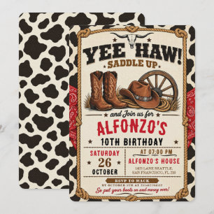 Western Cowboy Cowgirl 10th Birthday Party Invitation