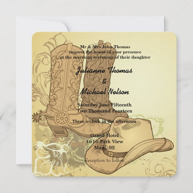 Western Cowboy Cowgirl Boots Hat Wedding Invitation (Front)
