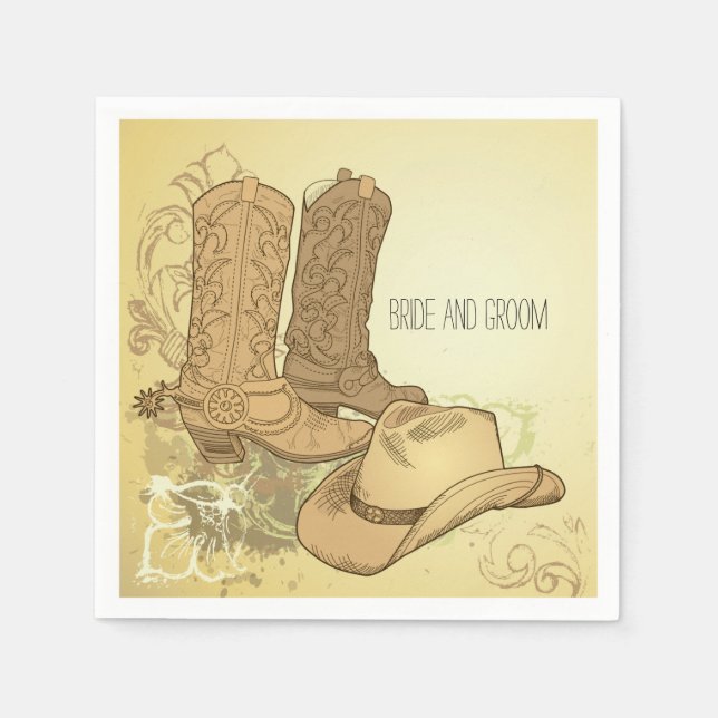 Western Cowboy Cowgirl Boots Hat Wedding Napkin (Front)