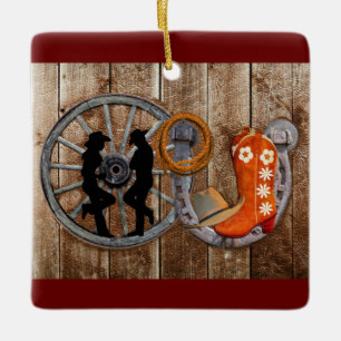 Western Cowboy Cowgirl Horseshoe Wagon Wheel Ceramic Ornament