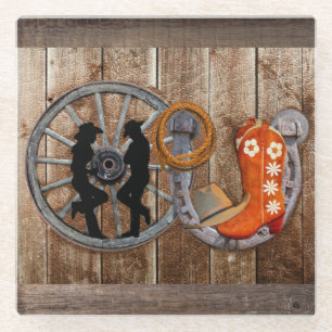 Western Cowboy Cowgirl Horseshoe Wagon Wheel Glass Coaster