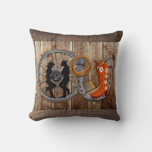 Western Cowboy Cowgirl Horseshoe Wagon Wheel Throw Pillow