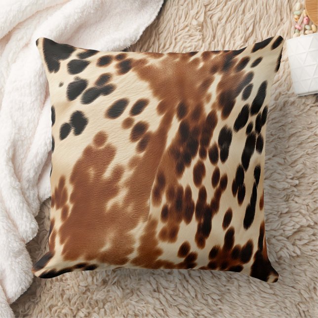 Western Cowboy  Cream Brown Black Cowhide Throw Pillow (Blanket)
