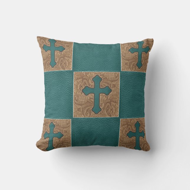 Western Cowboy Cross Faux Leather Print Throw Pillow (Front)