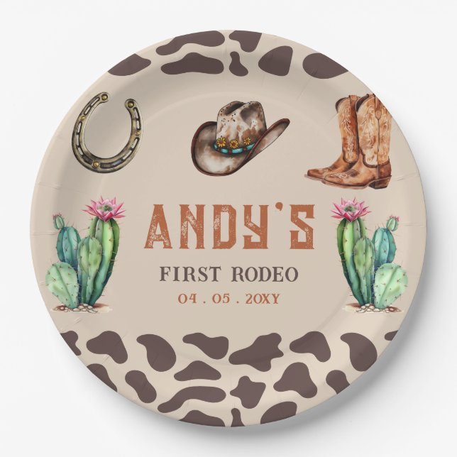 Western Cowboy First Rodeo Boys Birthday Paper Plate (Front)