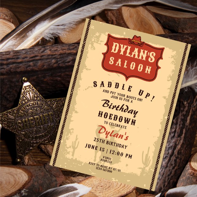 Western Cowboy Funny Birthday Rustic Soirée Invitation (Western Cowboy Rodeo Saloon Theme Birthday Hoe Down Rustic Party Invitation)