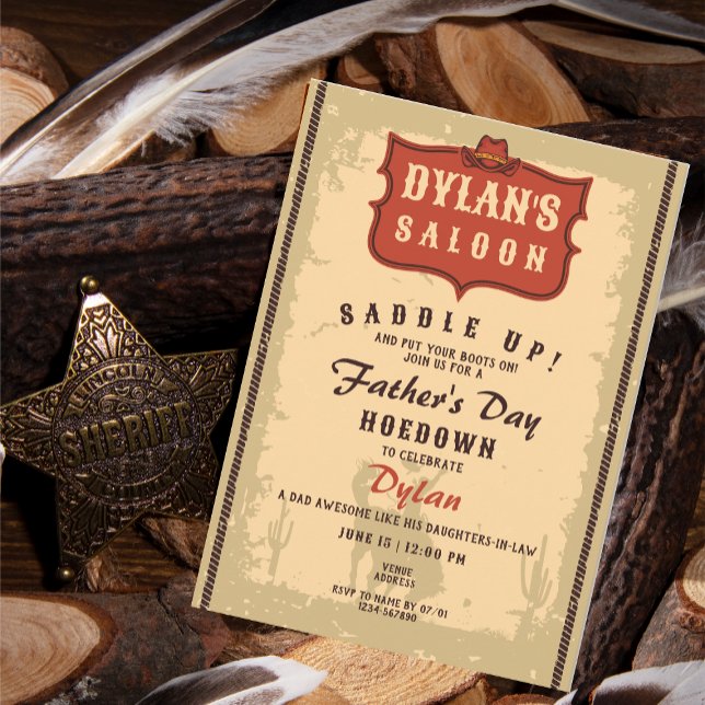 Western Cowboy Funny Father's Day Saloon Party Invitation (Western Cowboy Funny Father's Day Man Cave Hoe Down Rustic Party Invitation)