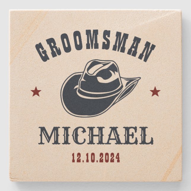 Western Cowboy Hat Best Man Groomsmen Personalized Stone Coaster (Front)