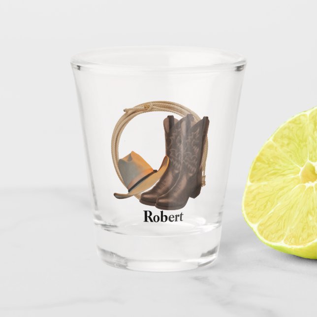 Western Cowboy Hat Boots And Rope Personal Shot Glass (Front)