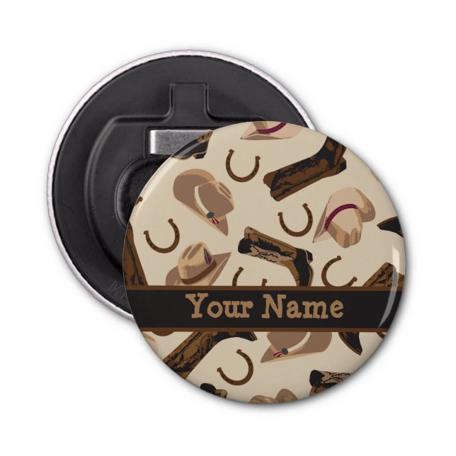 Western Cowboy Hat Boots Black Beige Name  Bottle Opener (Front)