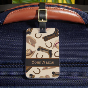 Western Cowboy Hat Boots Black Beige Name  Luggage Tag