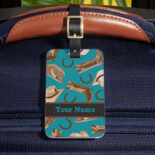 Western Cowboy Hat Boots Turquoise Blue Teal Name  Luggage Tag