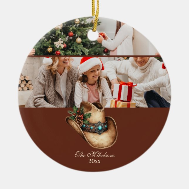 Western Cowboy Hat Christmas Ceramic Ornament (Front)