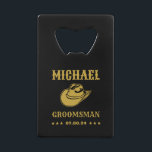 Western Cowboy Hat Classic Personalized Groomsmen Credit Card Bottle Opener<br><div class="desc">Personalized gifts for groomsmen with western cowboy theme. Decorated with cowboy hat with vintage western font. Text and background colour are editable using the Design Tool to fit your occasion. Get this customize gift for wedding,  bachelor party,  engagement party or any other special occasions.</div>
