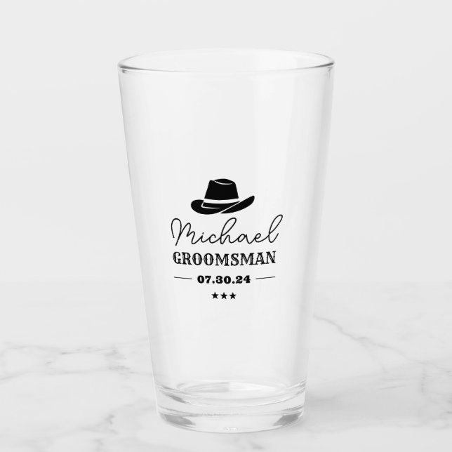 Western Cowboy Hat Classic Personalized Groomsmen Glass (Front)
