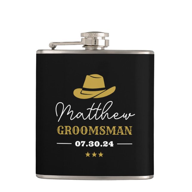 Western Cowboy Hat Classic Personalized Groomsmen Hip Flask (Front)