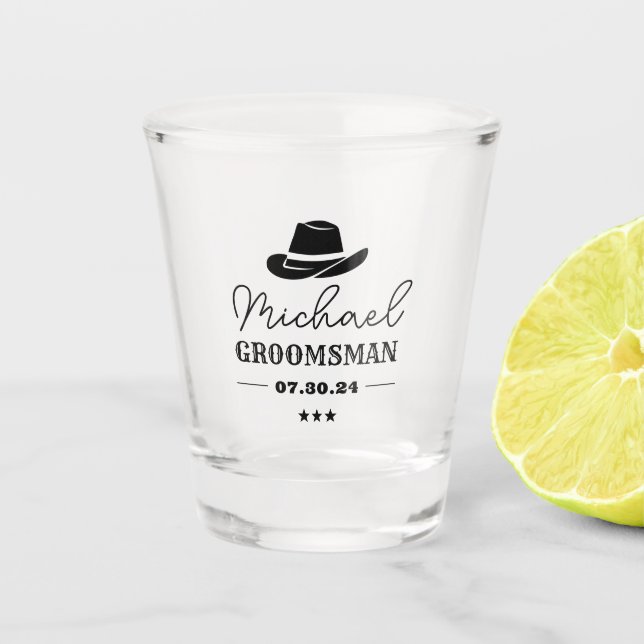 Western Cowboy Hat Classic Personalized Groomsmen Shot Glass (Front)