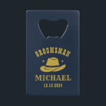 Western Cowboy Hat Groomsmen Personalized Name Credit Card Bottle Opener<br><div class="desc">Personalized gifts for groomsmen with western cowboy theme. Decorated with cowboy hat with vintage western font. Text and colour are editable using the Design Tool to fit your occasion. Get this customize gift for wedding,  bachelor party,  engagement party or any other special occasions.</div>