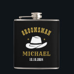 Western Cowboy Hat Groomsmen Personalized Name Hip Flask<br><div class="desc">Personalized gifts for groomsmen with western cowboy theme. Decorated with cowboy hat with vintage western font. Text and colour are editable using the Design Tool to fit your occasion. Get this customize gift for wedding,  bachelor party,  engagement party or any other special occasions.</div>