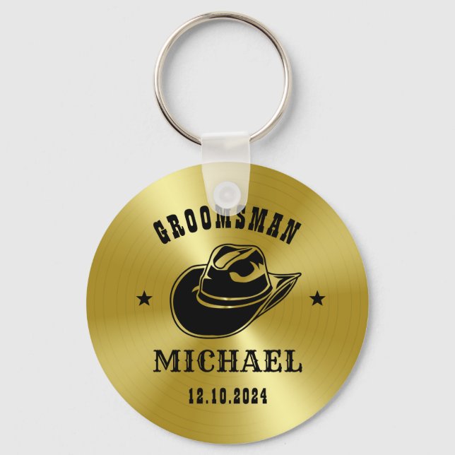 Western Cowboy Hat Groomsmen Personalized Name Keychain (Front)