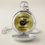Western Cowboy Hat Groomsmen Personalized Name Pocket Watch<br><div class="desc">Personalized gifts for groomsmen with western cowboy theme. Decorated with cowboy hat with vintage western font. Text and colour are editable using the Design Tool to fit your occasion. Get this customize gift for wedding,  bachelor party,  engagement party or any other special occasions.</div>