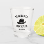 Western Cowboy Hat Groomsmen Personalized Name Shot Glass<br><div class="desc">Personalized gifts for groomsmen with western cowboy theme. Decorated with cowboy hat with vintage western font. Text and colour are editable using the Design Tool to fit your occasion. Get this customize gift for wedding,  bachelor party,  engagement party or any other special occasions.</div>