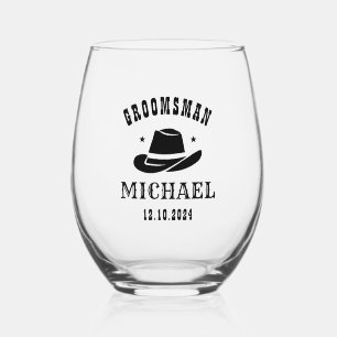 Western Cowboy Hat Groomsmen Personalized Name Stemless Wine Glass