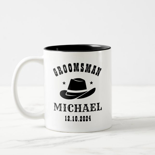 Western Cowboy Hat Groomsmen Personalized Name Two-Tone Coffee Mug (Left)