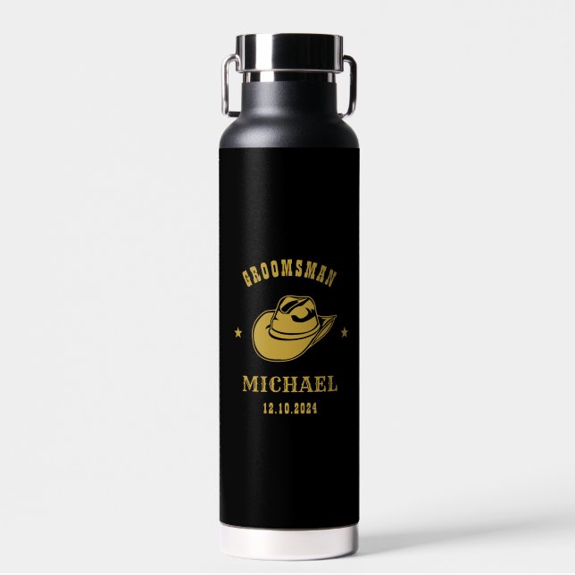 Western Cowboy Hat Groomsmen Personalized Name Water Bottle (Front)